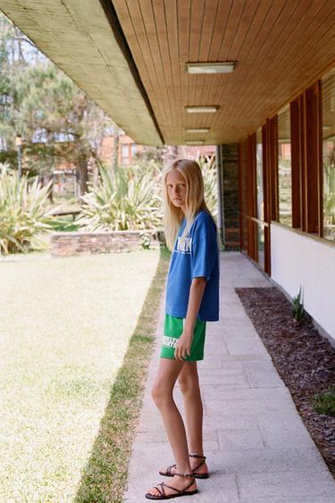 Zara TEXT SIDE STRIPE SHORTS - Green