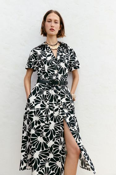 Zara MIDI HALJINA OD POPELINA SA PRINTOM I KAIŠEM – crna / bela