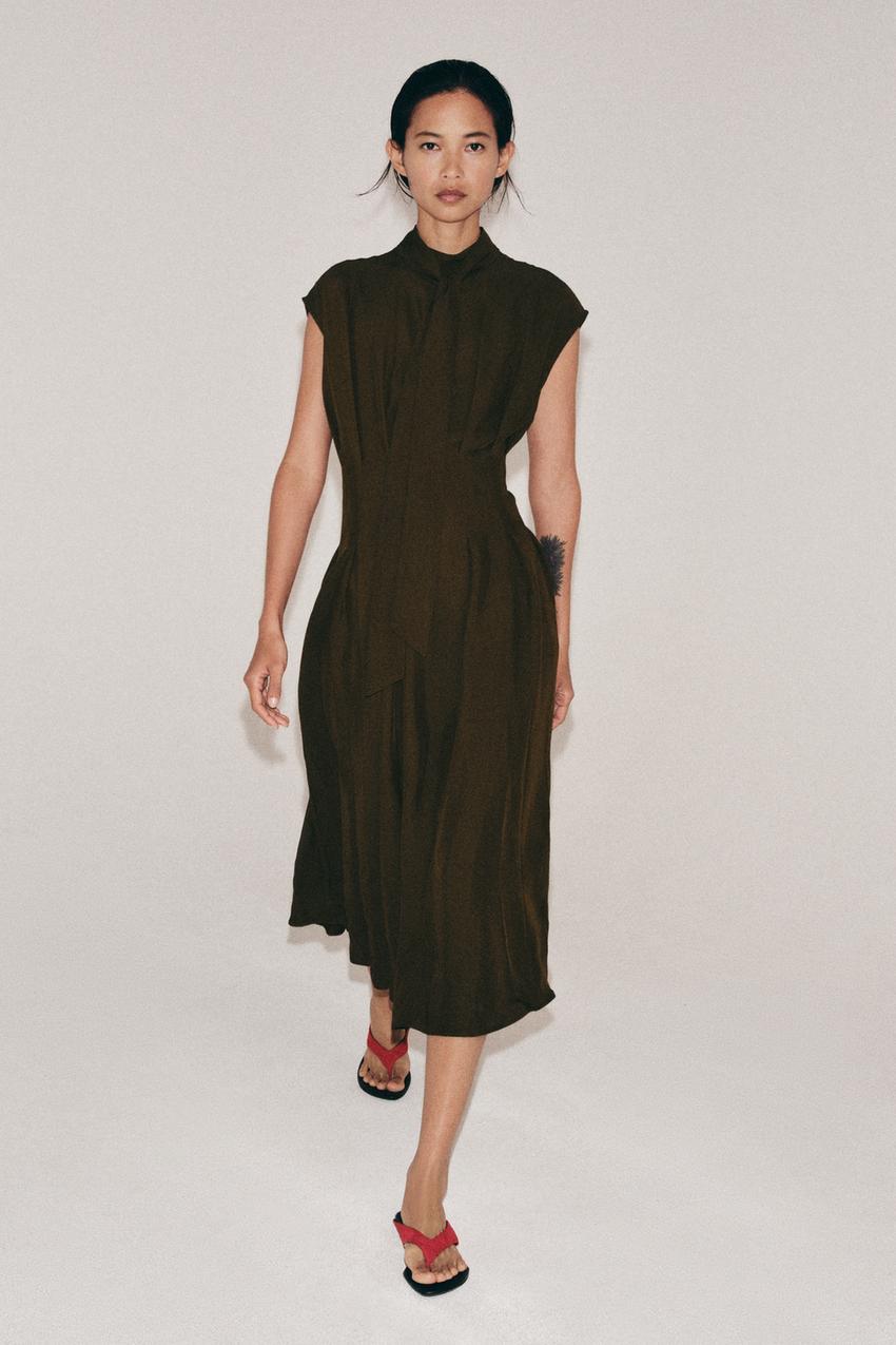 ZW COLLECTION TIED MIDI DRESS - Khaki | ZARA United States ZW COLLECTION TIED MIDI DRESS - Khaki | ZARA United States