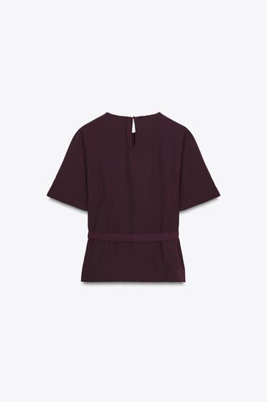 SHORT SLEEVE BELTED TOP - Aubergine by Zara - Image 7