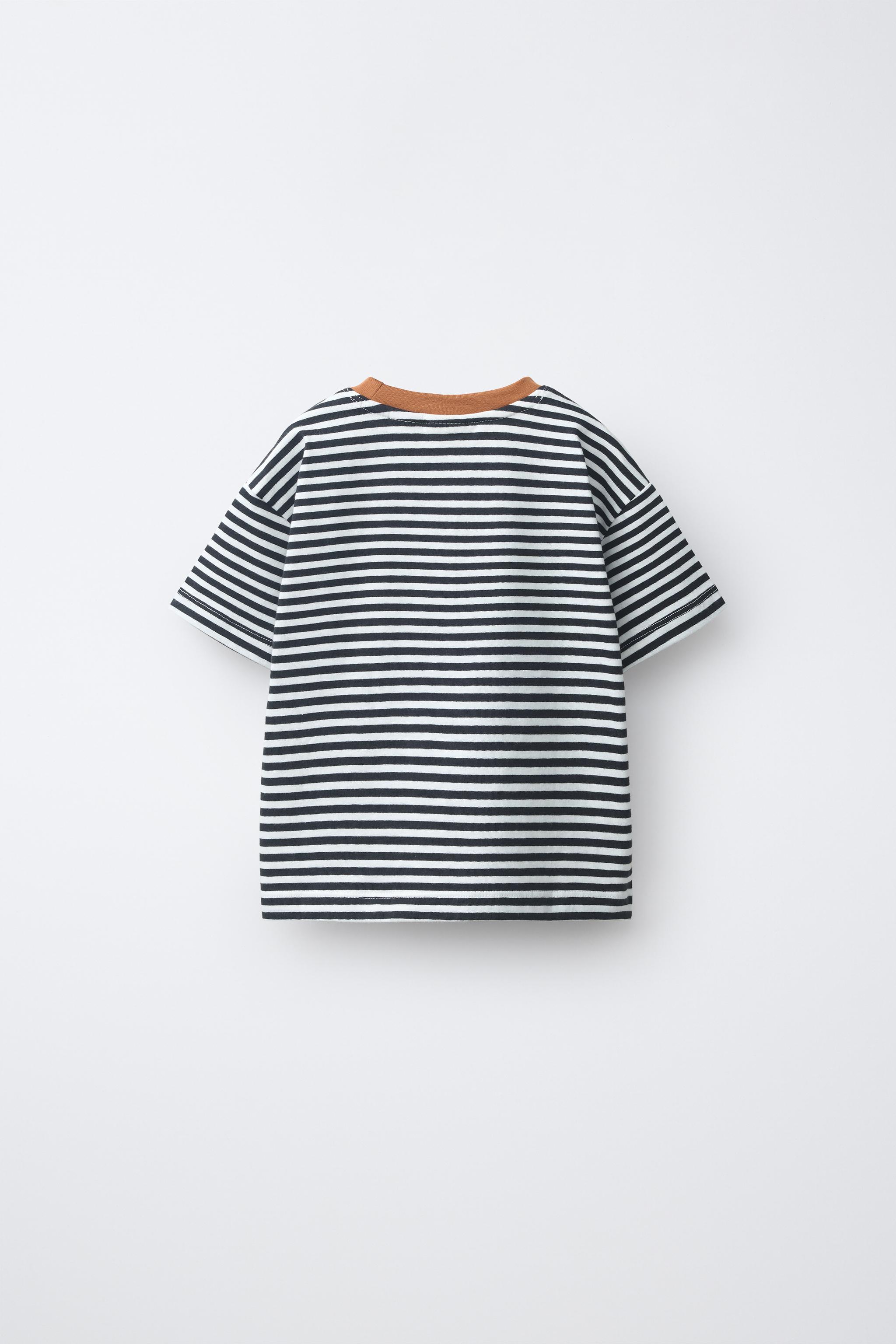 STRIPED CONTRAST NECK T-SHIRT — Black / White