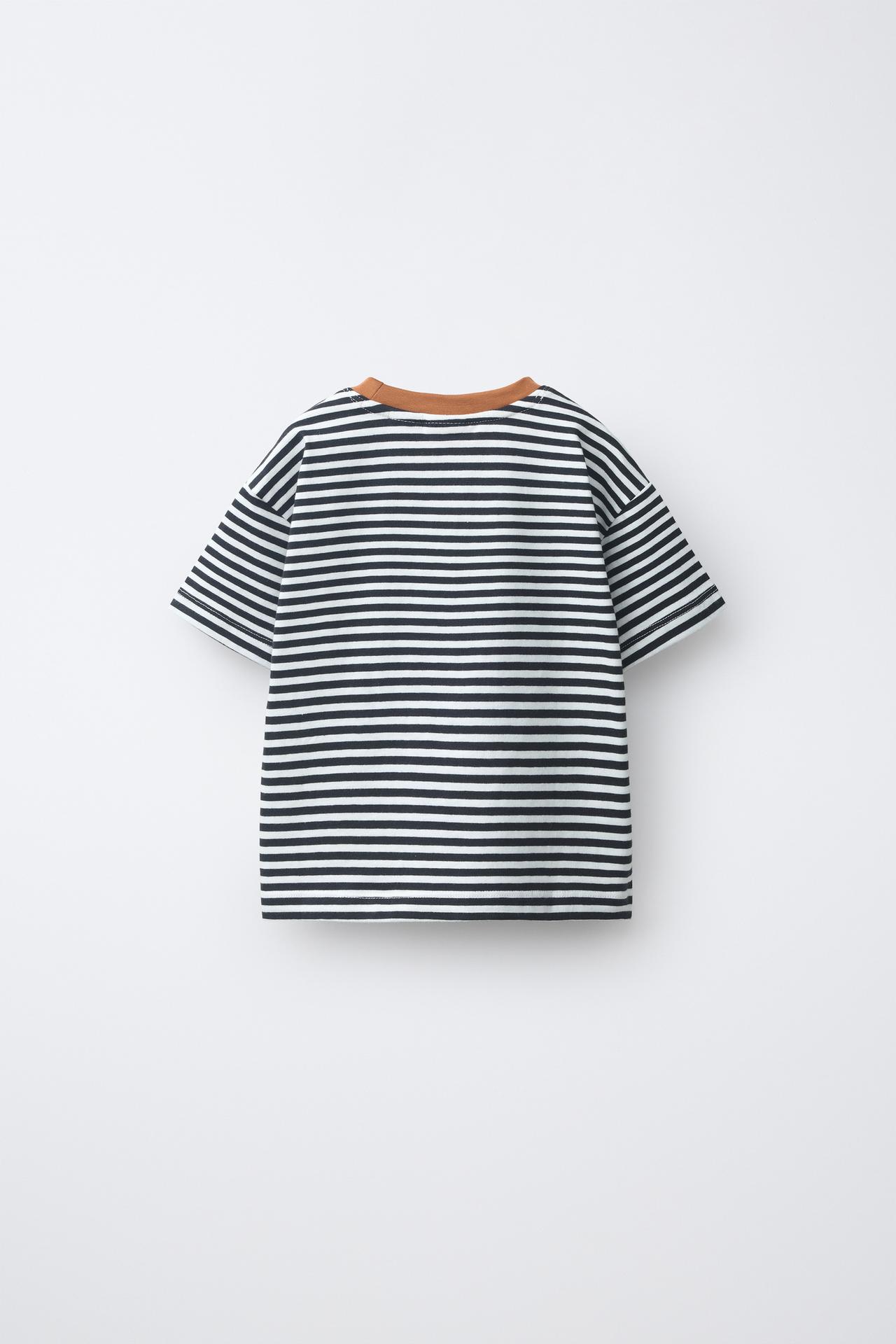 STRIPED CONTRAST NECK T-SHIRT — Black / White