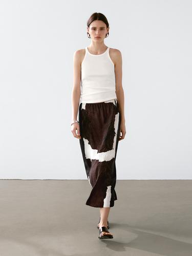 Zara Printed midi skirt with fabric detail - Chocolate
