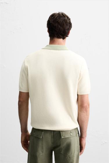 CONTRAST KNIT POLO SHIRT - Ecru / Green by Zara - Image 2