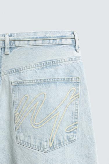 EMBROIDERED BAGGY FIT DENIM JORTS - Light blue by Zara - Image 9