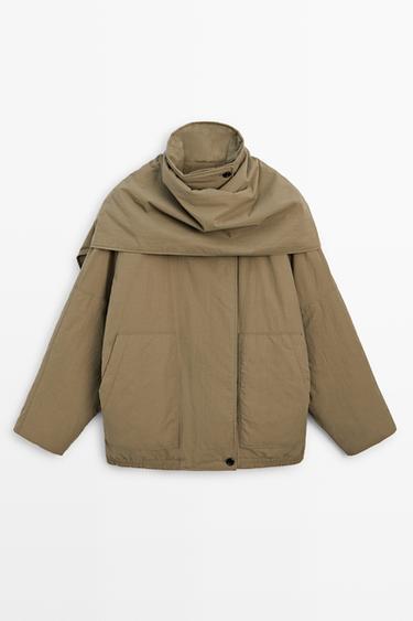 Zara Quilted bomber jacket with scarf - taupe brown - Image 0