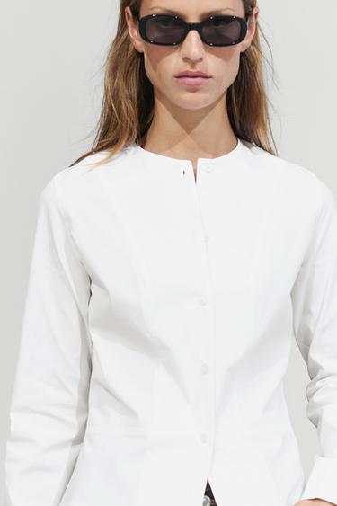 Chemise en popeline à col détaillé - Blanc de Zara