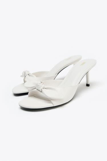LEATHER BOW HEELED SANDALS - white by Zara - Image 4