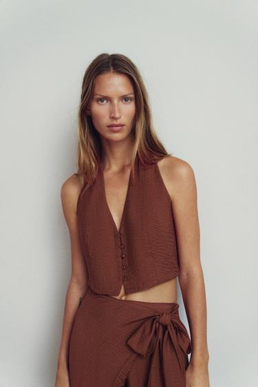 HALTER NECK CROP TOP - dark russet by Zara