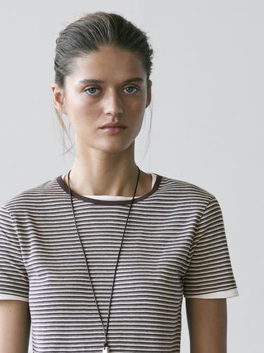 Zara Striped double-layer T-shirt with short sleeves - Brown