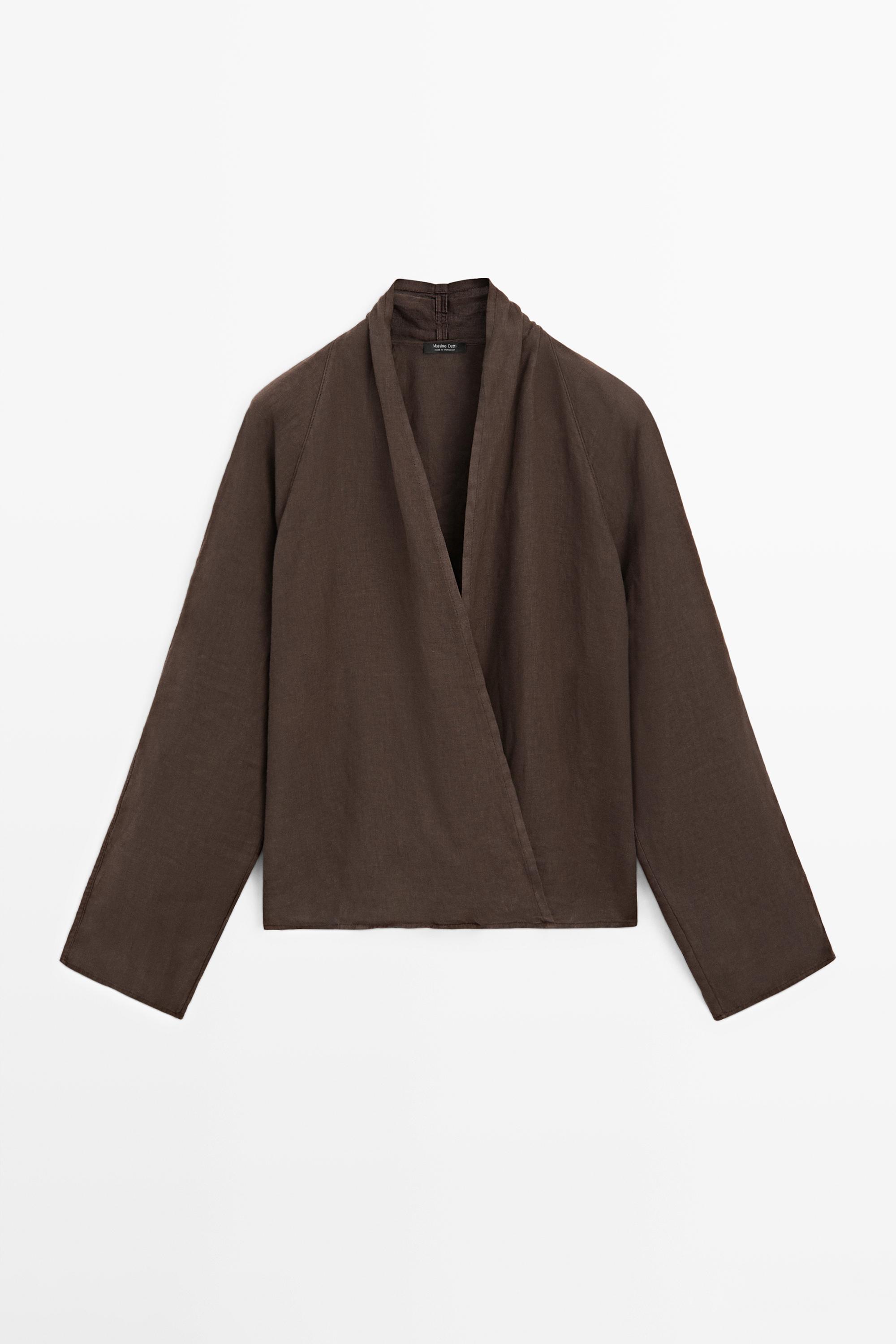 Flowing loose-fitting linen wrap blouse