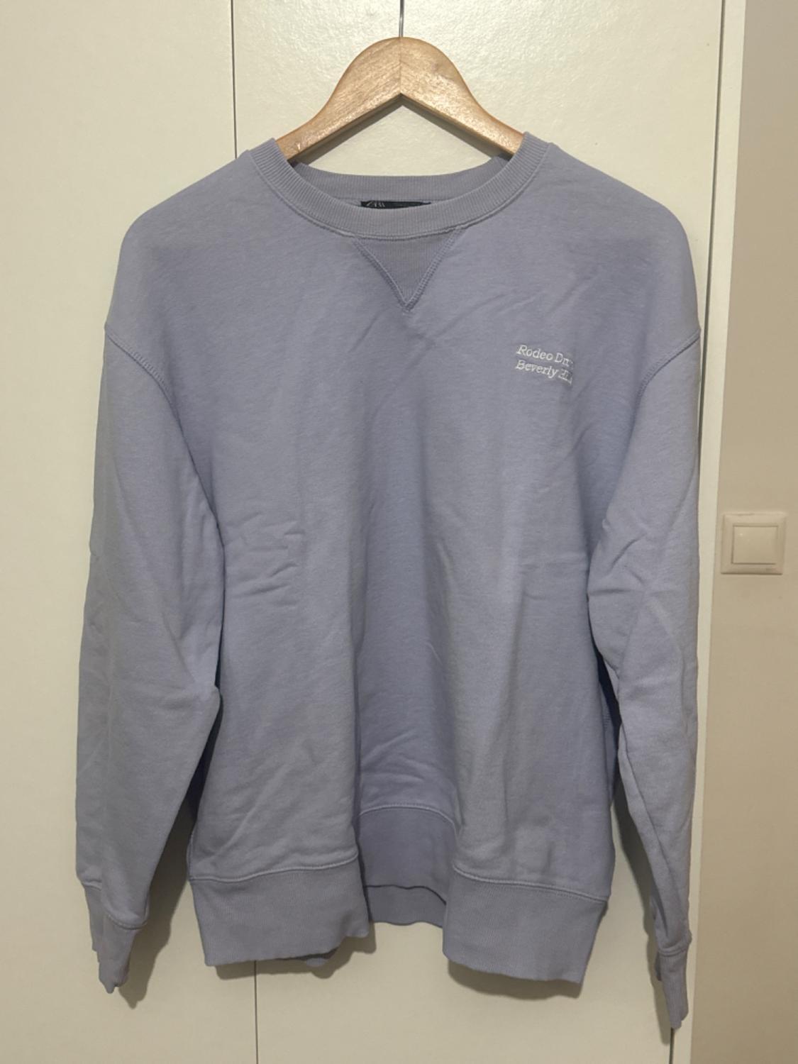 Light grey sweatshirt hanging on a wooden hanger. Text on the chest: "Rodeo Dr. Beverly Z.". White wall background.