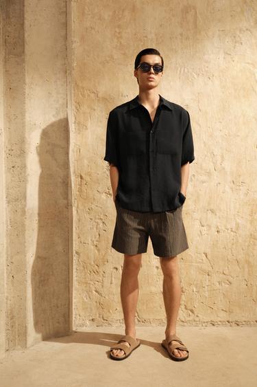 Zara 條紋標準版型百慕達短褲 - 棕色