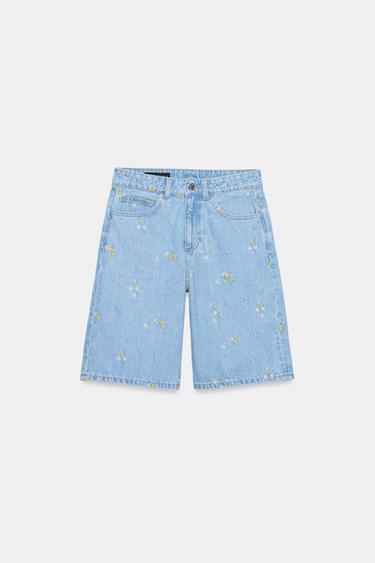 Z1975刺繍フラワーデニムバミューダパンツミディアムブルー0ZaraのZ1975刺繍フラワーデニムバミューダパンツ - ミディアムブルー - 画像 0