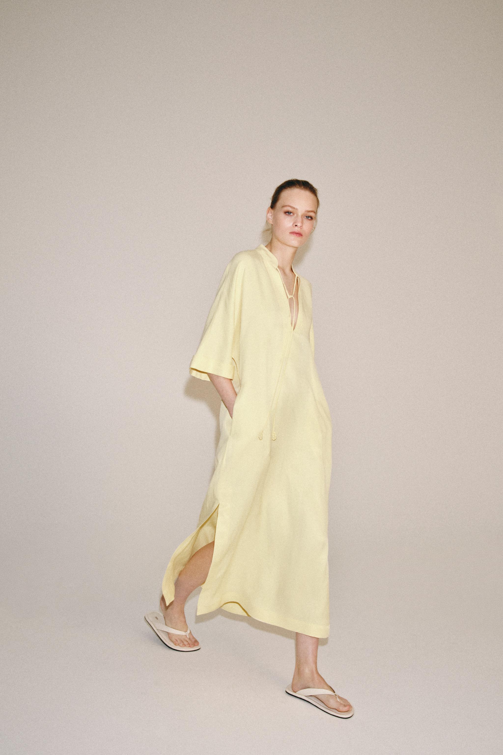 zara linen dress yellow ZARA $129 WOMAN LINEN BLEND SHIRTDRESS ZW COLLECTION ECRU/YELLOW | 3484/192  NWT