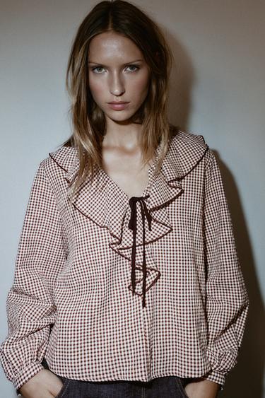 RUFFLED GINGHAM BLOUSE - bordeaux/ecru by Zara