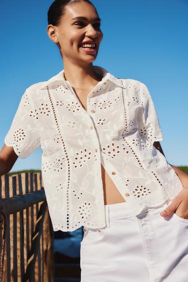 Zara SHORT SLEEVE EMBROIDERED EYELET SHIRT - White