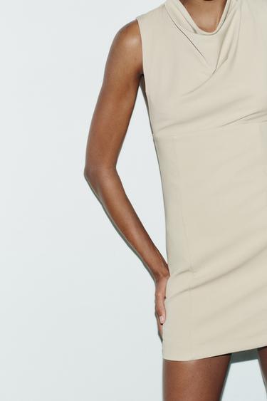 Zara SHORT DRAPED NECK DRESS - Beige