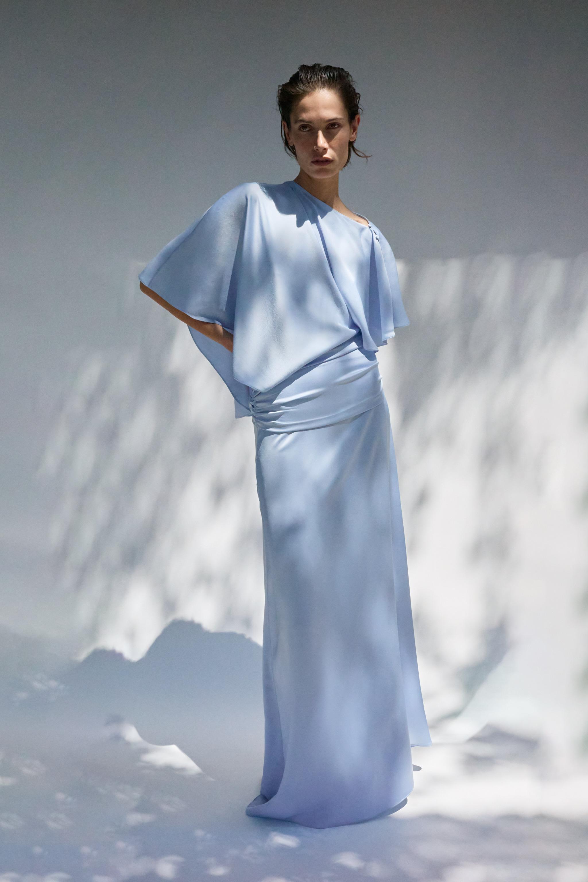 ASYMMETRIC CAPE SATIN EFFECT DRESS
