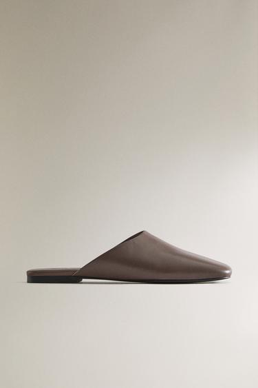 Zara LEATHER MULE WITH SQUARE TOE - Brown