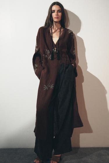 ZW COLLECTION EMBROIDERED LINEN KIMONO - Burgundy by Zara - Image 5