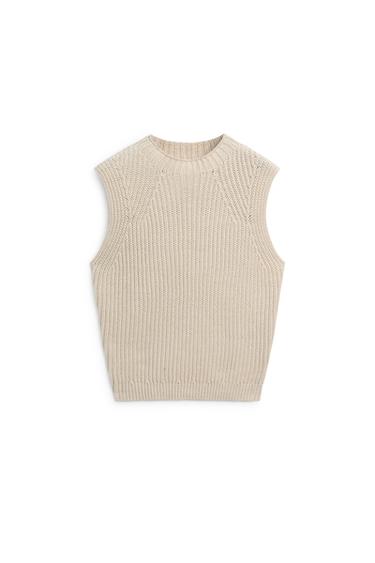 Top en grosse maille de coton - STUDIO - Beige / Vert de Zara