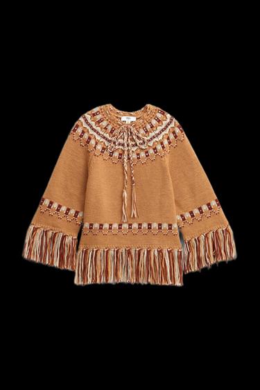 Zara LIMITED EDITION 100% WOOL JACQUARD KNIT PONCHO - Light camel