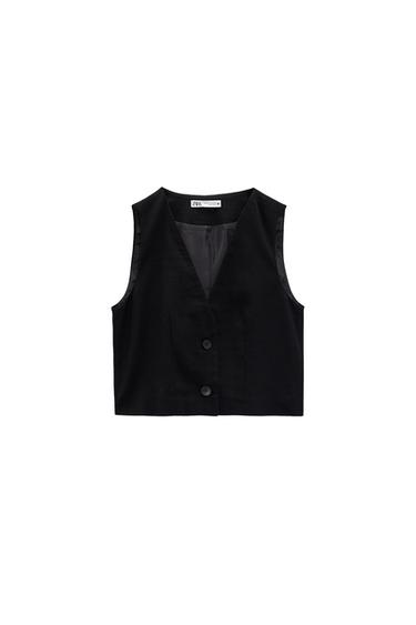 CROPPED WAISTCOAT IN RUSTIC FABRIC