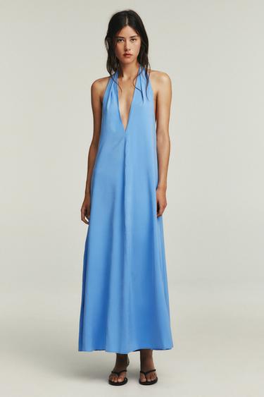 VESTIDO MIDI CUELLO HALTER - Azul de Zara
