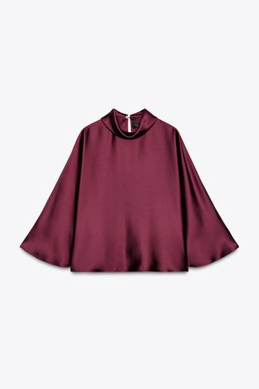 Zara HIGH NECK SATIN EFFECT TOP - Burgundy