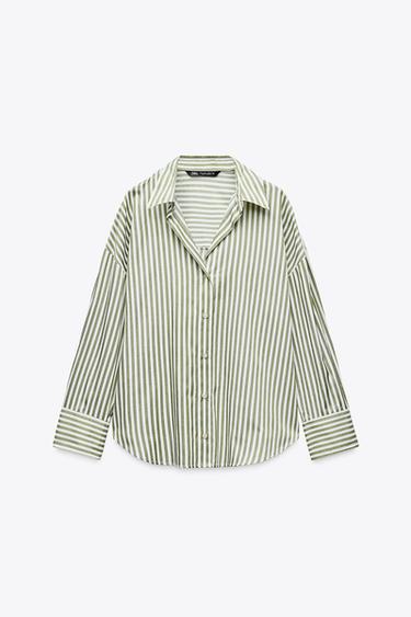 Zara BASIC POPLIN SHIRT - Green stripe