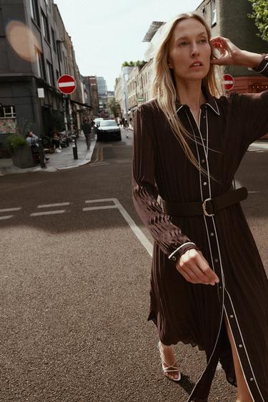 BELTED PLEATED MIDI DRESS - Brown by Zara