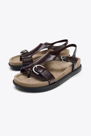 FLAT LEATHER SANDALS - Chocolate Brown by Zara - Image 2