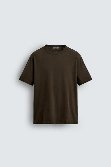 Zara RELAXED FIT LINEN BLEND T-SHIRT - Brown