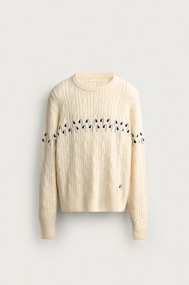 Zara FLORAL EMBROIDERY RELAXED FIT JUMPER - Ecru