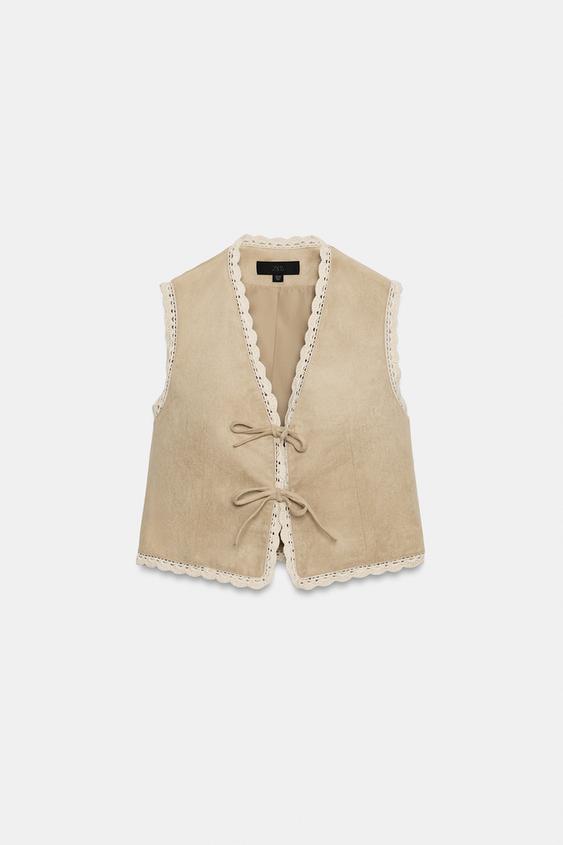 Zara 鉤編綁帶拼接背心 - 焦糖色 - 圖片 0