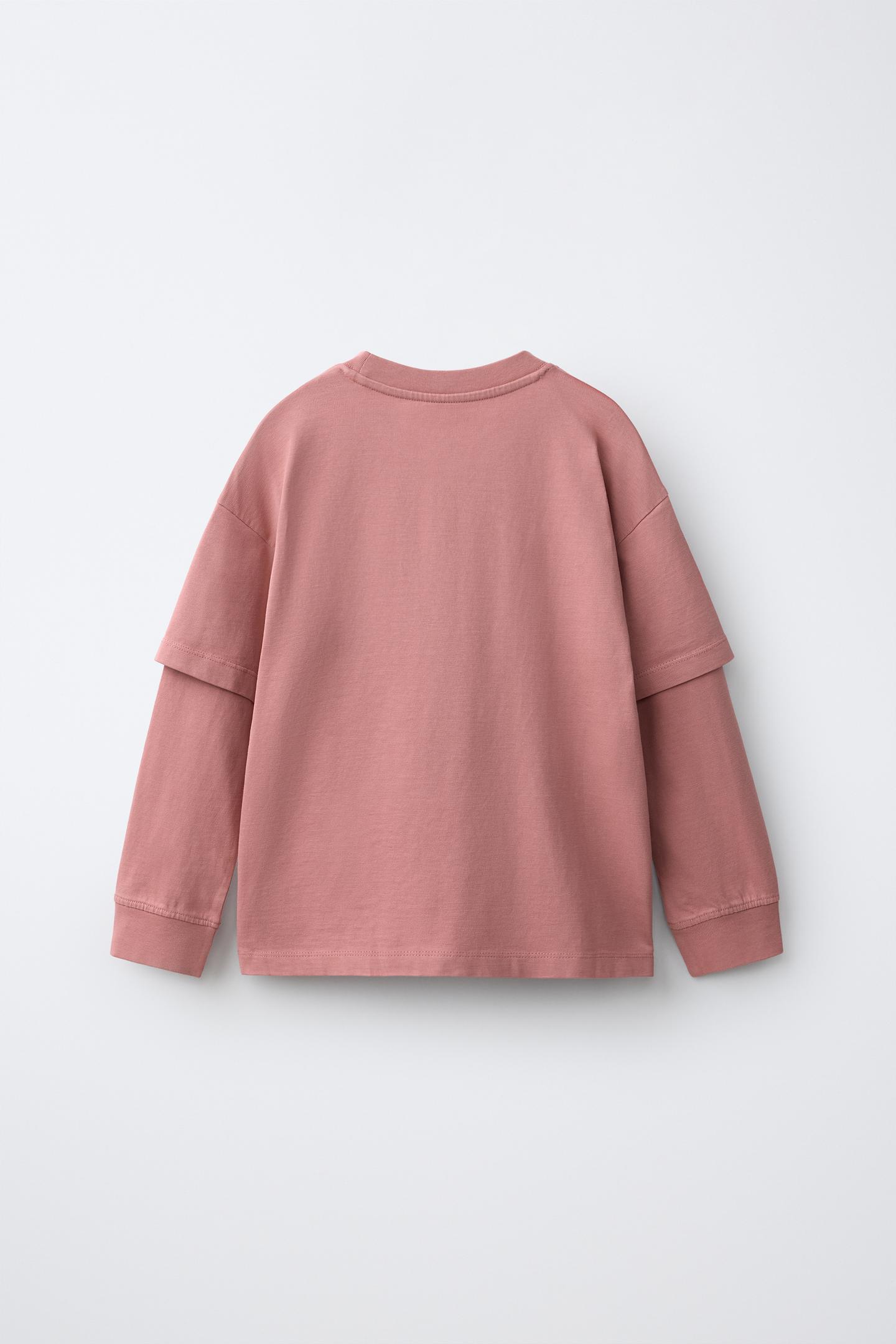Детская футболка Zara Embroidered Logo Layered Sleeve, цвет: Розовый — фото 2