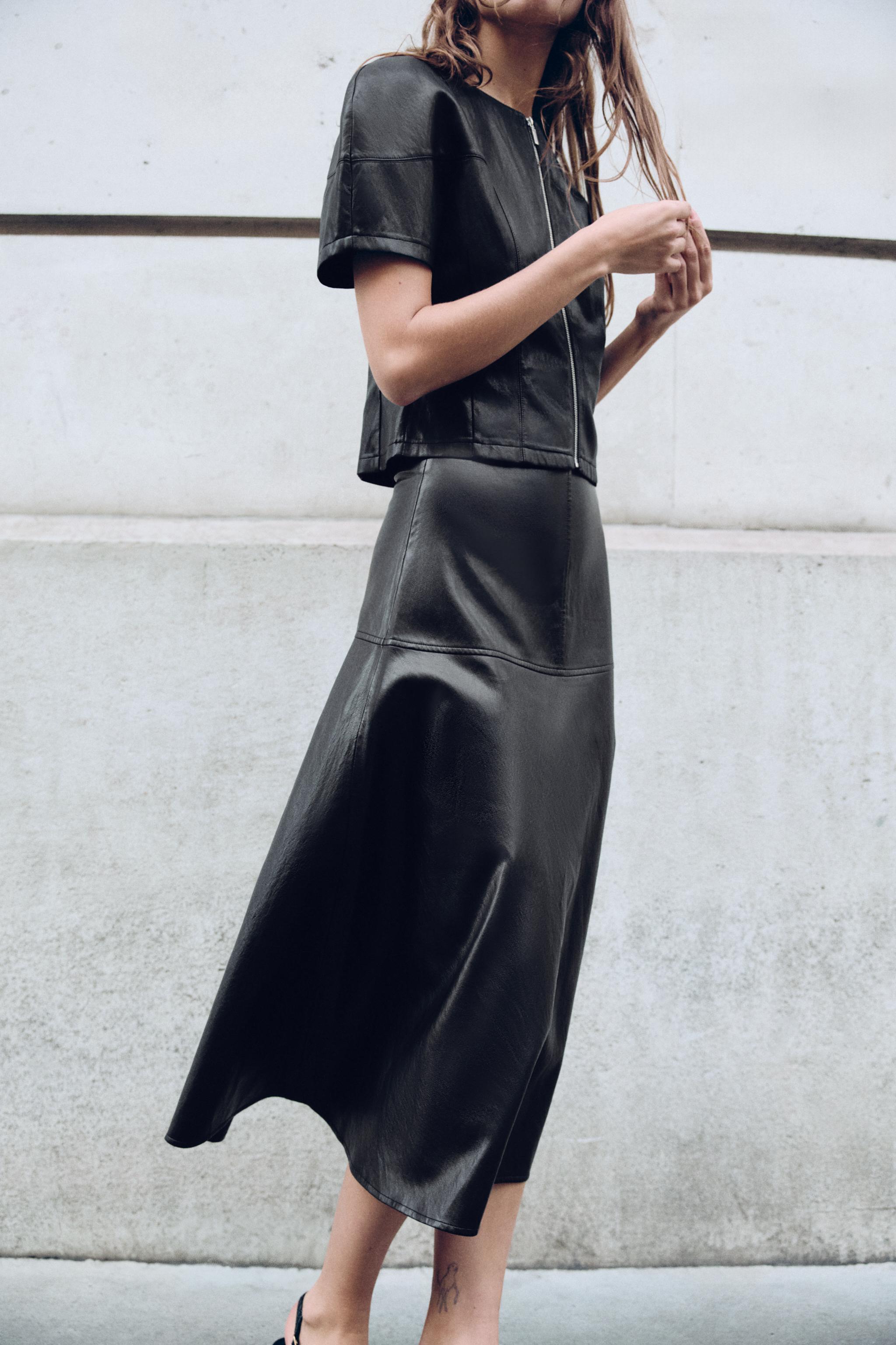 FAUX LEATHER A-LINE MIDI SKIRT