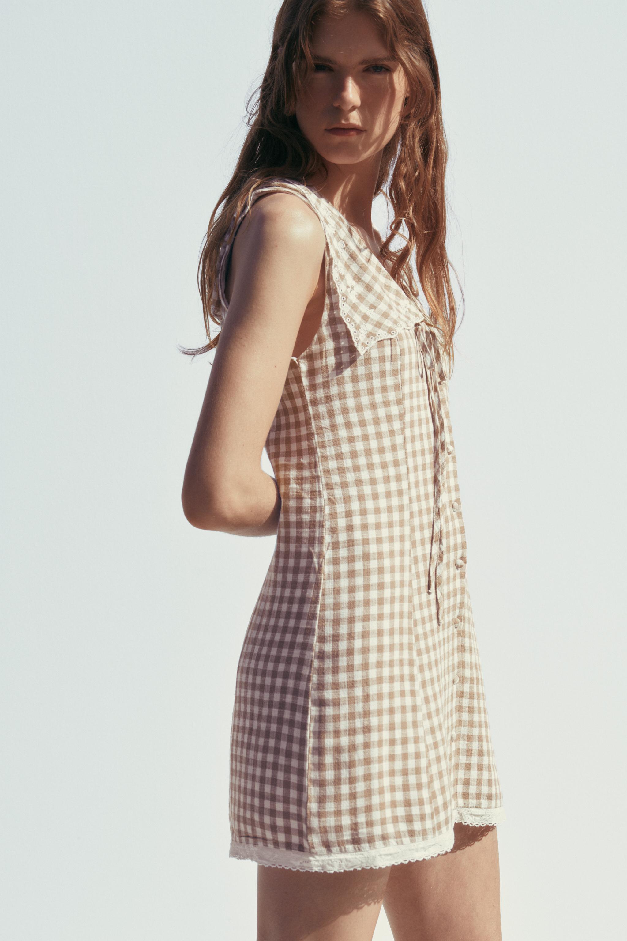 GINGHAM SHORT DRESS WITH PETER PAN COLLAR - Brown / White
