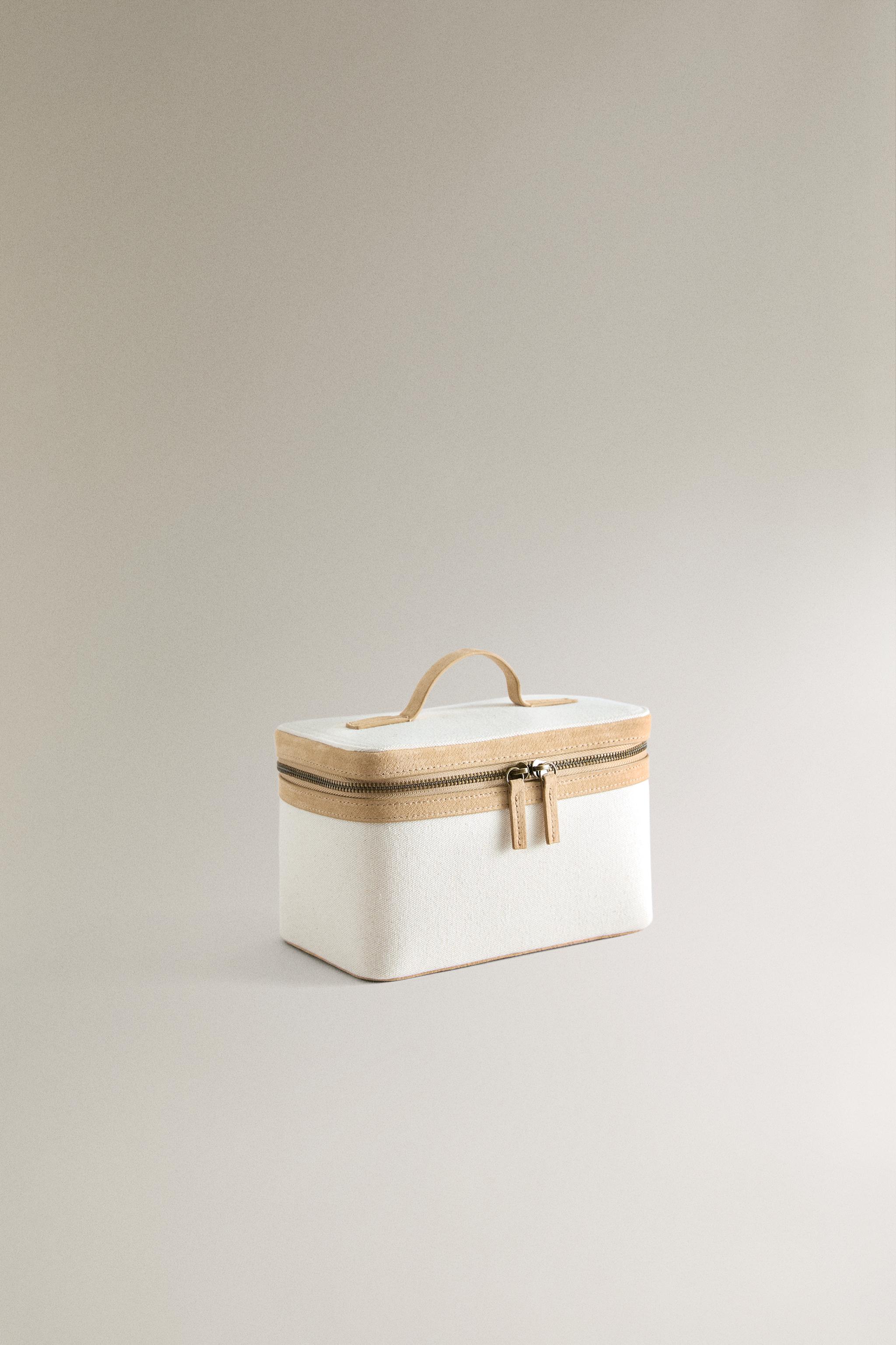 RIGID CANVAS LEATHER MAKEUP BAG — Off White