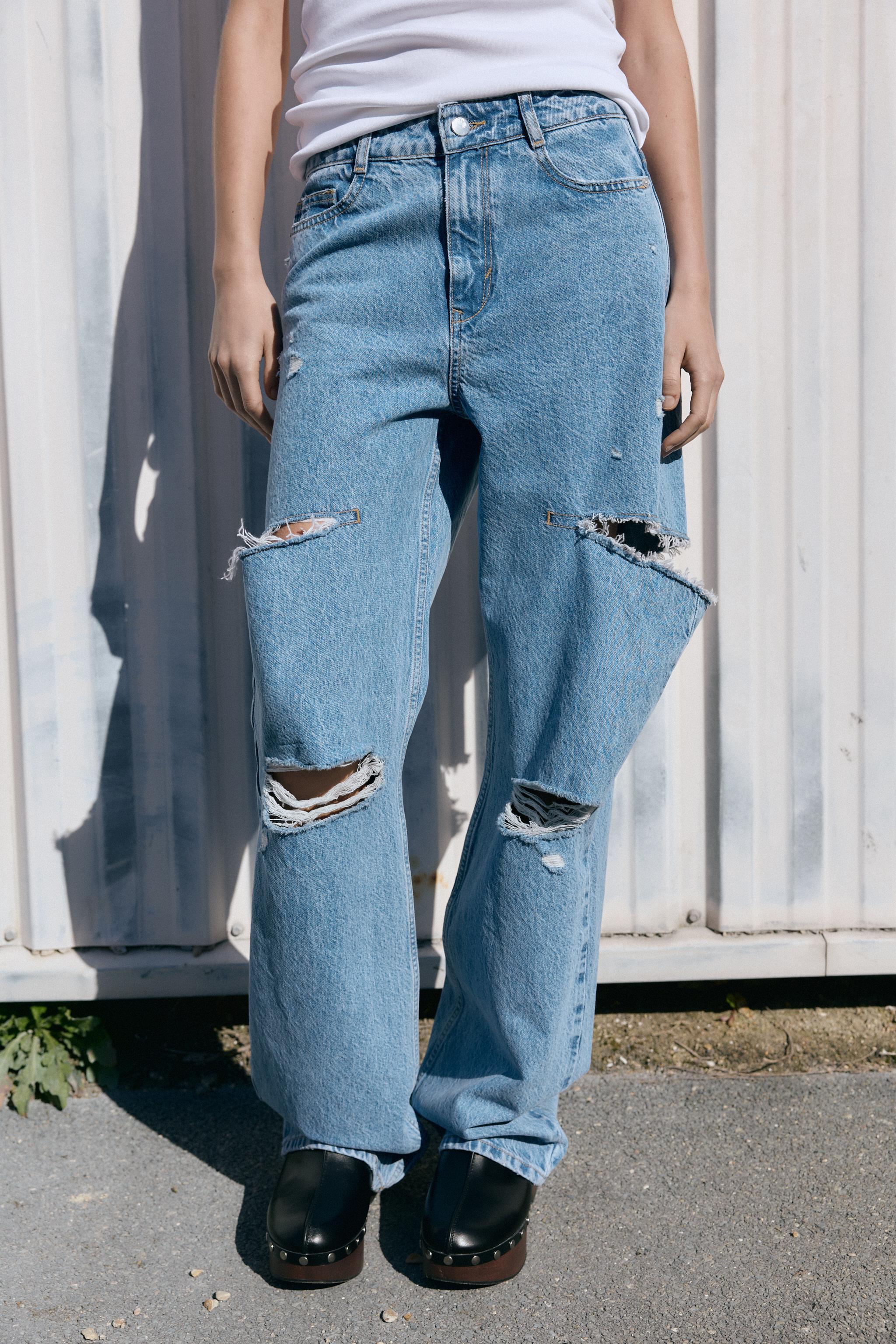Z1975 RIPPED HIGH-WAIST STRAIGHT-LEG JEANS - Mid-blue | ZARA