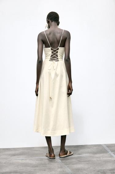 BEADED STRAPPY LINEN BLEND MIDI DRESS - Ecru by Zara - Image 6