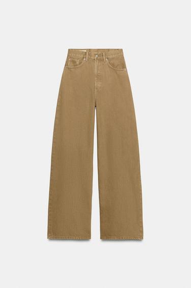 Zara TRF HIGH-RISE EXTRA WIDE LEG JEANS - Dark camel