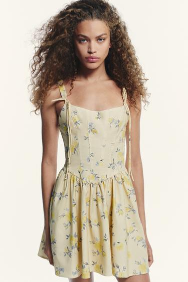 VESTIDO CORTO POPELÍN FLORES - amarillo de Zara