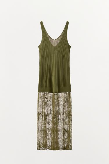 ROBE MI-LONGUE EN MAILLE ET DENTELLE - Vert de Zara - Image 5