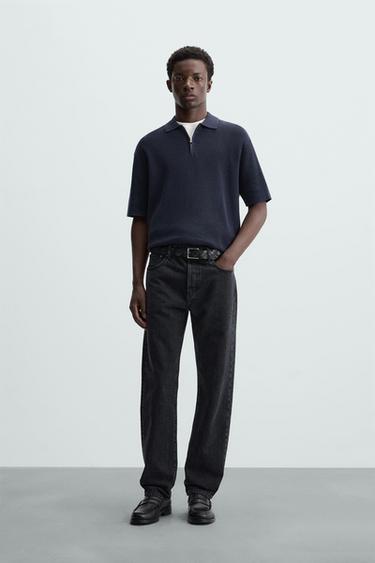 POLO DE MALHA PEROLADA COM ZÍPER - Azul-marinho da Zara - Imagem 0