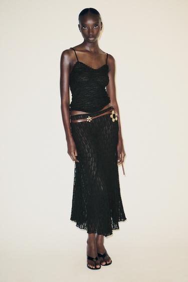 JUPE LONGUE ÉVASÉE EN DENTELLE - Noir de Zara