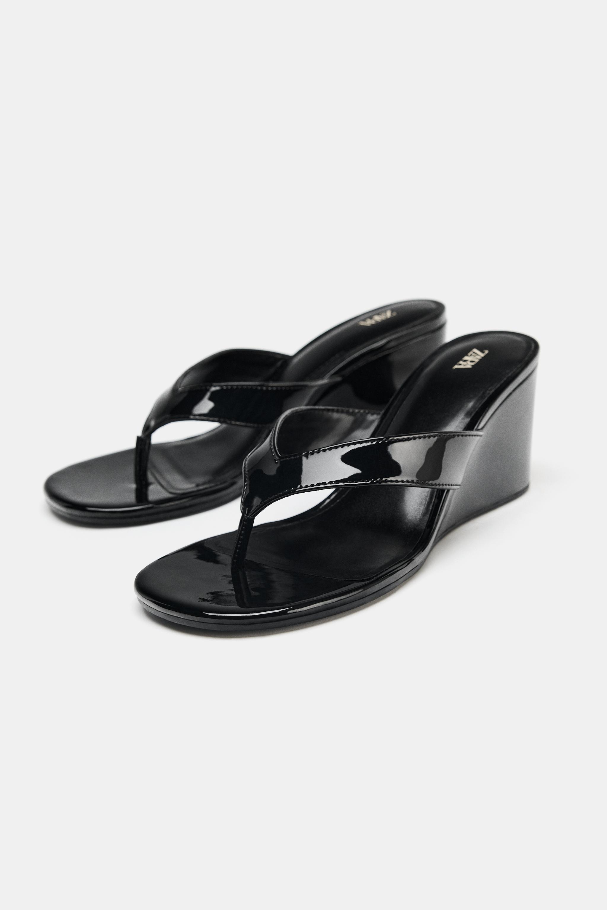 わん吉 PATENT WEDGE SANDALS - Black | ZARA United States