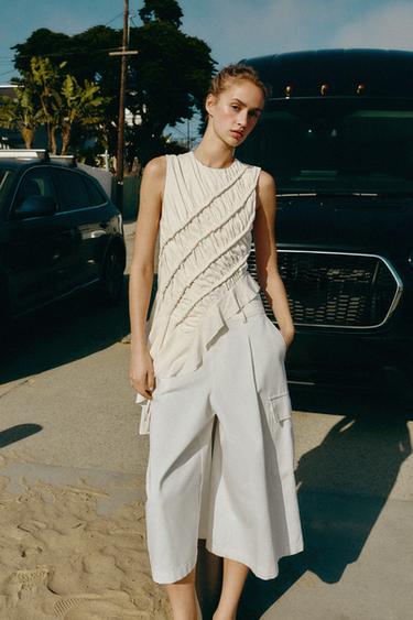 Zara ASYMMETRIC RUCHED TOP - Oyster-white