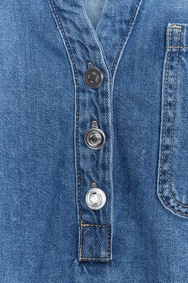 Zara MANDARIN COLLAR DENIM SHIRT - Mid-blue